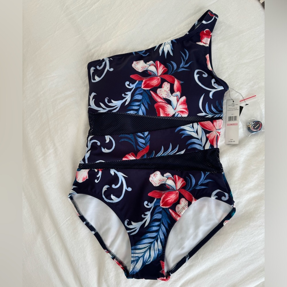 NEW: Carmen Marc Valvo one piece- one shoulder floral bathing suit.
